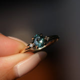 0.90ct Oval Light Blue Green Montana Sapphire and Princess Cut Diamond Rapids Low Profile Ring in 14k Yellow Gold