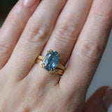 4.25ct Antique Style Elongated Cushion Untreated Montana Sapphire Vine Cathedral Four Prong Ring in 18k Yellow Gold