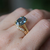 4.25ct Antique Style Elongated Cushion Untreated Montana Sapphire Vine Cathedral Four Prong Ring in 18k Yellow Gold