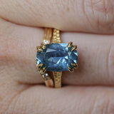 4.25ct Antique Style Elongated Cushion Untreated Montana Sapphire Vine Cathedral Four Prong Ring in 18k Yellow Gold