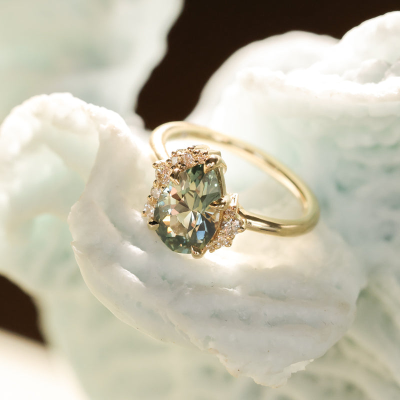 2.35ct Teal Blue Grey Untreated Pear Montana Sapphire and Diamond Asymmetrical Cluster Ring in 18k Yellow Gold