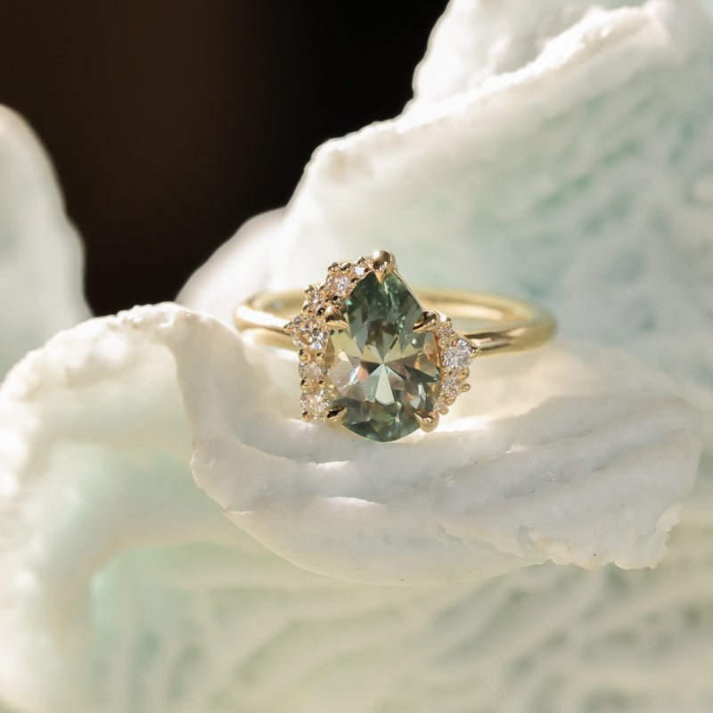 2.35ct Teal Blue Grey Untreated Pear Montana Sapphire and Diamond Asymmetrical Cluster Ring in 18k Yellow Gold