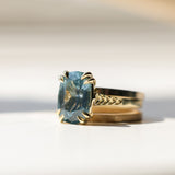 4.25ct Antique Style Elongated Cushion Untreated Montana Sapphire Vine Cathedral Four Prong Ring in 18k Yellow Gold