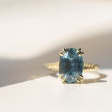 4.25ct Antique Style Elongated Cushion Untreated Montana Sapphire Vine Cathedral Four Prong Ring in 18k Yellow Gold