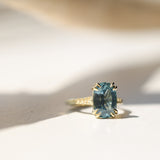 4.25ct Antique Style Elongated Cushion Untreated Montana Sapphire Vine Cathedral Four Prong Ring in 18k Yellow Gold