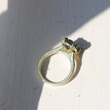 4.25ct Antique Style Elongated Cushion Untreated Montana Sapphire Vine Cathedral Four Prong Ring in 18k Yellow Gold