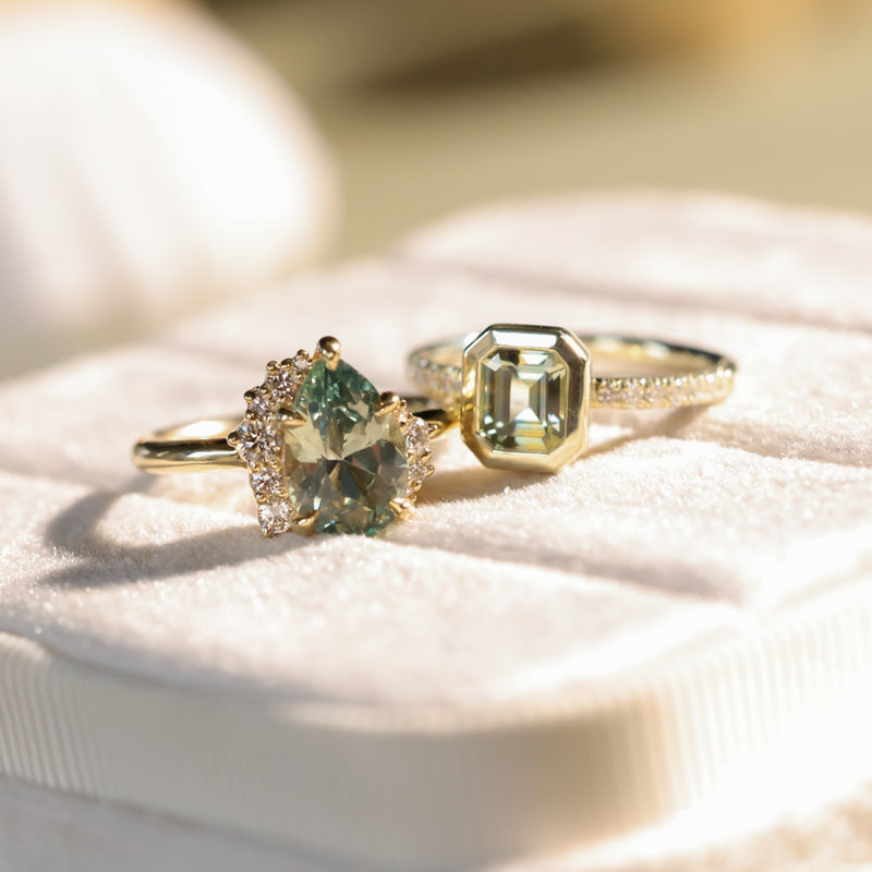 2.35ct Teal Blue Grey Untreated Pear Montana Sapphire and Diamond Asymmetrical Cluster Ring in 18k Yellow Gold