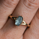 1.75ct Barion Shape Fantasy Cut Carved Montana Sapphire Split Shank Hidden Halo Six Prong Solitaire in 14k Yellow Gold