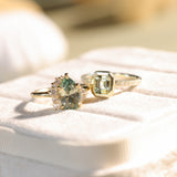 1.14ct Emerald Cut Parti Montana Sapphire Low Profile Bezel Solitaire Ring with Pavé Set Diamonds in 14k Green Gold