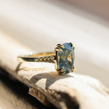 4.25ct Antique Style Elongated Cushion Untreated Montana Sapphire Vine Cathedral Four Prong Ring in 18k Yellow Gold