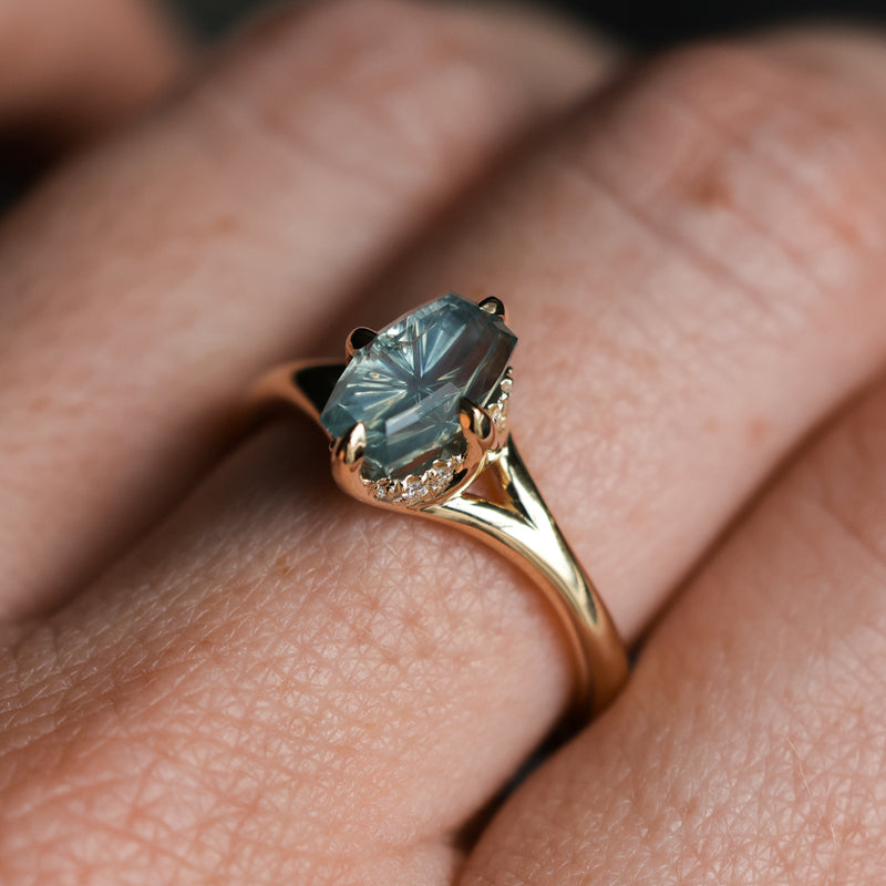 1.75ct Barion Shape Fantasy Cut Carved Montana Sapphire Split Shank Hidden Halo Six Prong Solitaire in 14k Yellow Gold