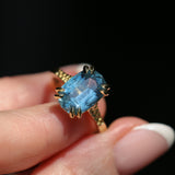 4.25ct Antique Style Elongated Cushion Untreated Montana Sapphire Vine Cathedral Four Prong Ring in 18k Yellow Gold