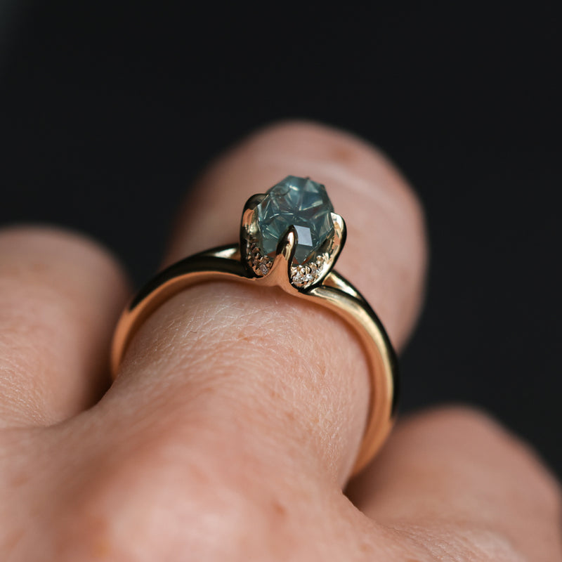 1.75ct Barion Shape Fantasy Cut Carved Montana Sapphire Split Shank Hidden Halo Six Prong Solitaire in 14k Yellow Gold