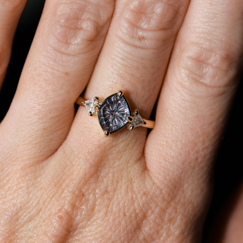 1.93ct Untreated Fantasy Cut Montana Sapphire and Diamond  Antique Milgrain Three Stone Low Profile Ring in 14k Yellow Gold