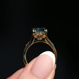 4.25ct Antique Style Elongated Cushion Untreated Montana Sapphire Vine Cathedral Four Prong Ring in 18k Yellow Gold