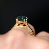 4.25ct Antique Style Elongated Cushion Untreated Montana Sapphire Vine Cathedral Four Prong Ring in 18k Yellow Gold