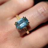 4.25ct Antique Style Elongated Cushion Untreated Montana Sapphire Vine Cathedral Four Prong Ring in 18k Yellow Gold