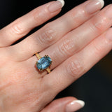 4.25ct Antique Style Elongated Cushion Untreated Montana Sapphire Vine Cathedral Four Prong Ring in 18k Yellow Gold