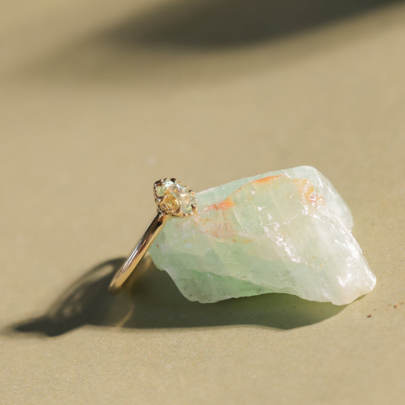 0.82ct Unheated Silky Light Seafoam Teal Montana Sapphire Scallop Cup Solitaire in 14k Yellow Gold