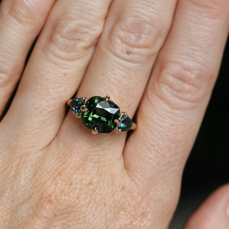 4.08ct Cushion Cut Green Madagascar Sapphire and Trillion Australian Sapphire Antique Compass Set Low Profile Ring in 14k Yellow Gold
