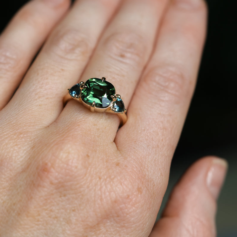 4.08ct Cushion Cut Green Madagascar Sapphire and Trillion Australian Sapphire Antique Compass Set Low Profile Ring in 14k Yellow Gold