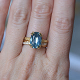 4.25ct Antique Style Elongated Cushion Untreated Montana Sapphire Vine Cathedral Four Prong Ring in 18k Yellow Gold