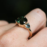 4.08ct Cushion Cut Green Madagascar Sapphire and Trillion Australian Sapphire Antique Compass Set Low Profile Ring in 14k Yellow Gold