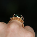 4.08ct Cushion Cut Green Madagascar Sapphire and Trillion Australian Sapphire Antique Compass Set Low Profile Ring in 14k Yellow Gold