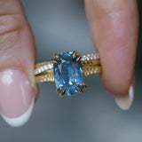 4.25ct Antique Style Elongated Cushion Untreated Montana Sapphire Vine Cathedral Four Prong Ring in 18k Yellow Gold
