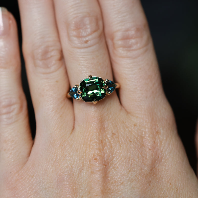 4.08ct Cushion Cut Green Madagascar Sapphire and Trillion Australian Sapphire Antique Compass Set Low Profile Ring in 14k Yellow Gold