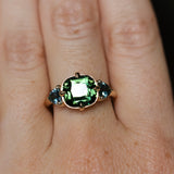 4.08ct Cushion Cut Green Madagascar Sapphire and Trillion Australian Sapphire Antique Compass Set Low Profile Ring in 14k Yellow Gold