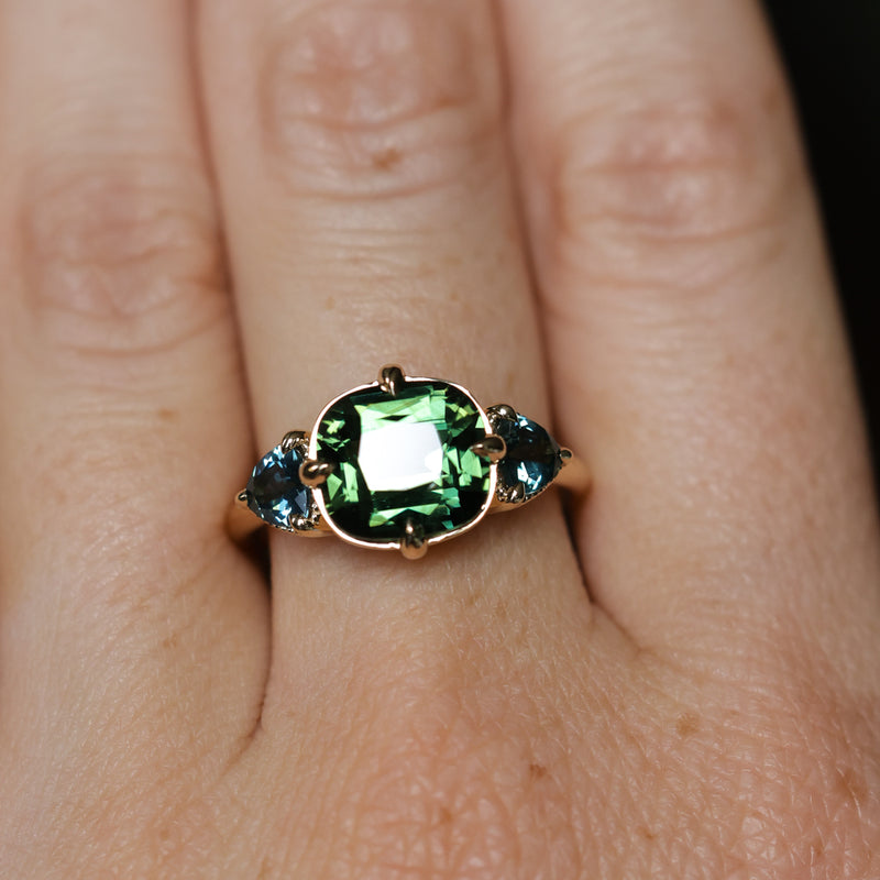 4.08ct Cushion Cut Green Madagascar Sapphire and Trillion Australian Sapphire Antique Compass Set Low Profile Ring in 14k Yellow Gold