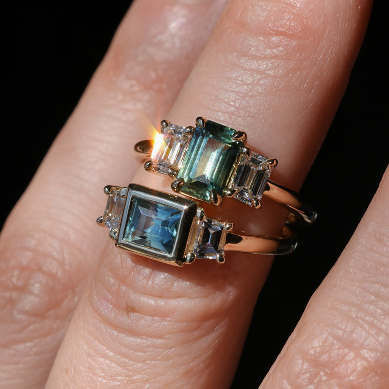 1.52ct Emerald Cut Parti Sapphire and Lab Grown Diamond Three Stone Low Profile Ring in 14k Yellow Gold