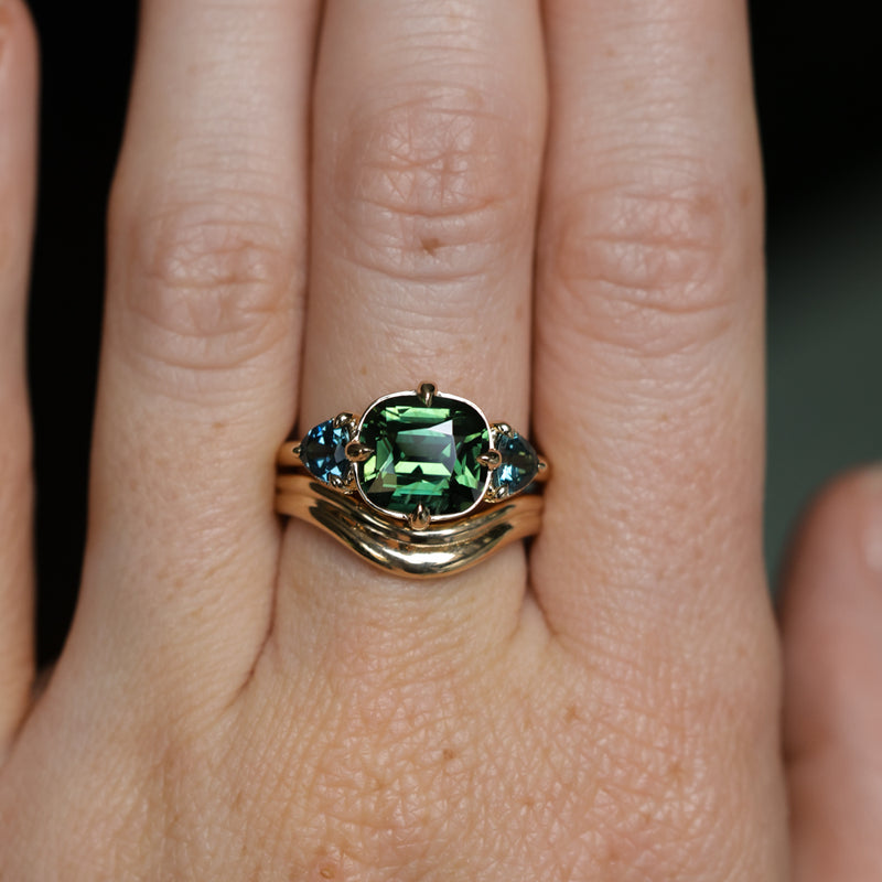 4.08ct Cushion Cut Green Madagascar Sapphire and Trillion Australian Sapphire Antique Compass Set Low Profile Ring in 14k Yellow Gold