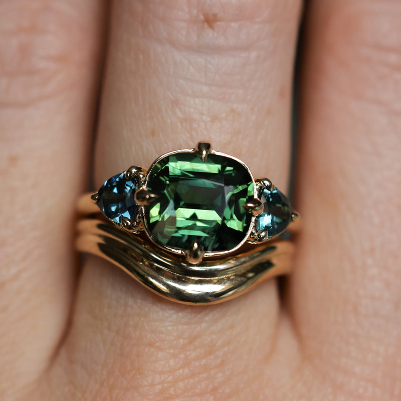 4.08ct Cushion Cut Green Madagascar Sapphire and Trillion Australian Sapphire Antique Compass Set Low Profile Ring in 14k Yellow Gold