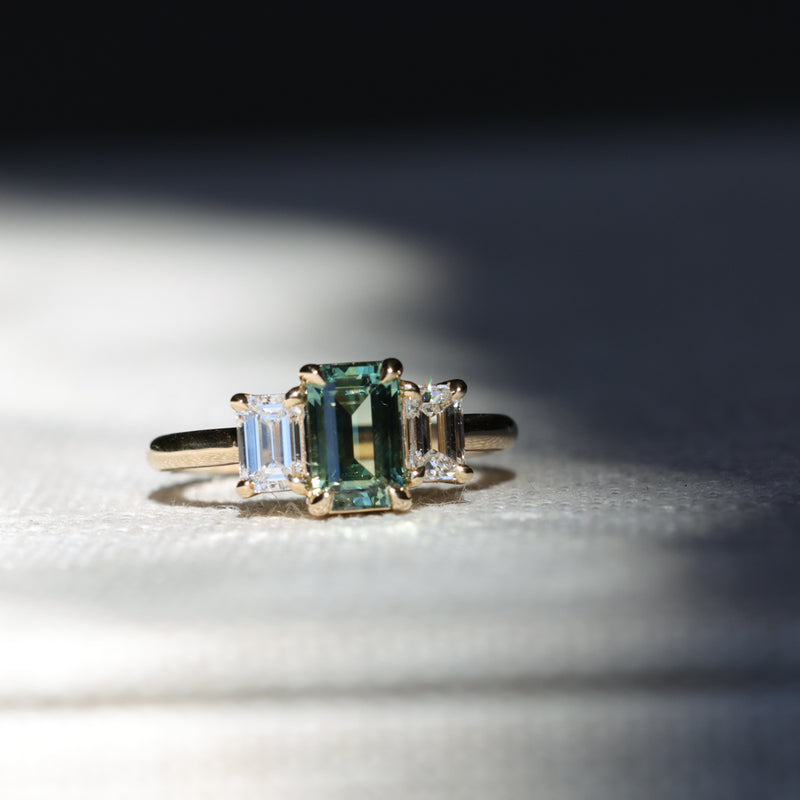 1.52ct Emerald Cut Parti Sapphire and Lab Grown Diamond Three Stone Low Profile Ring in 14k Yellow Gold