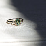 1.52ct Emerald Cut Parti Sapphire and Lab Grown Diamond Three Stone Low Profile Ring in 14k Yellow Gold