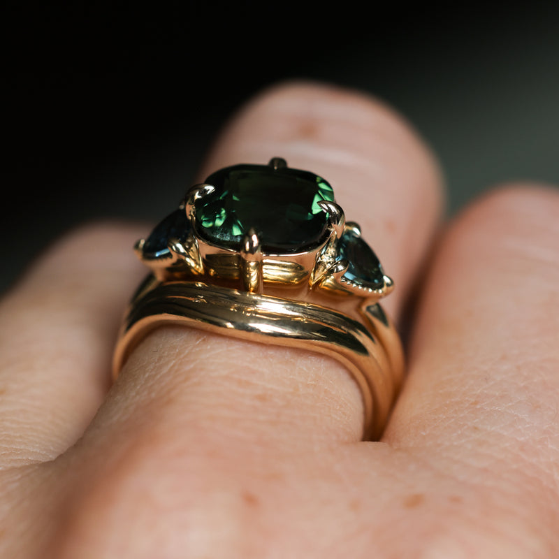 4.08ct Cushion Cut Green Madagascar Sapphire and Trillion Australian Sapphire Antique Compass Set Low Profile Ring in 14k Yellow Gold