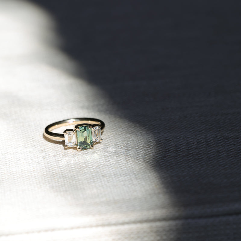 1.52ct Emerald Cut Parti Sapphire and Lab Grown Diamond Three Stone Low Profile Ring in 14k Yellow Gold