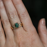 2.11ct Emerald Cut Teal Green Madagascar Sapphire and Diamond Vintage Cathedral Double Prong Ring in 14k Yellow Gold