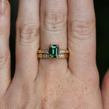 2.11ct Emerald Cut Teal Green Madagascar Sapphire and Diamond Vintage Cathedral Double Prong Ring in 14k Yellow Gold