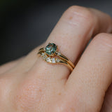 0.90ct Oval Light Blue Green Montana Sapphire and Princess Cut Diamond Rapids Low Profile Ring in 14k Yellow Gold