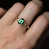 2.11ct Emerald Cut Teal Green Madagascar Sapphire and Diamond Vintage Cathedral Double Prong Ring in 14k Yellow Gold