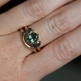 1.53ct Untreated Australian Oval Sapphire and Parti Oval Three Stone Low Profile Six Prong Ring in 14k Yellow Gold