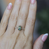 1.11ct Elongated Cushion Australian Parti Sapphire Low Profile Bezel Solitaire Ring with Pavé Set Diamonds in 14k Yellow Gold