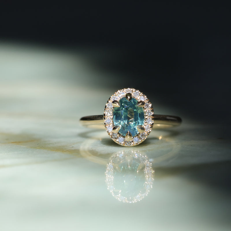 2.01ct Oval Untreated Madagascar Sapphire Six Prong Halo Stackable Ring in 14k Yellow Gold