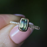 1.11ct Elongated Cushion Australian Parti Sapphire Low Profile Bezel Solitaire Ring with Pavé Set Diamonds in 14k Yellow Gold