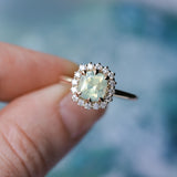 2.18ct"Old Mine Cushion" cut Silky Light Green Montana Sapphire Antique-Style Diamond Halo Ring in 14k Yellow Gold