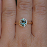 1.11ct Oval Untreated Montana Sapphire Hexagon Diamond Halo Stackable Ring in 14k Yellow Gold