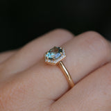 1.11ct Oval Untreated Montana Sapphire Hexagon Diamond Halo Stackable Ring in 14k Yellow Gold